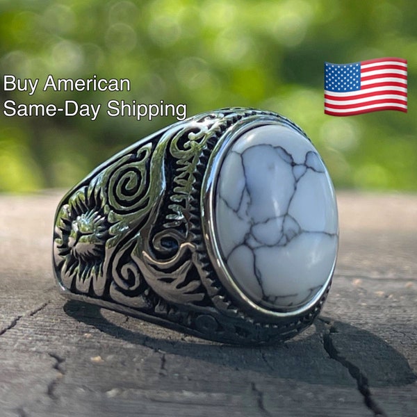 White Buffalo Ring - White turquoise, Bohemian, Men/Woman, Handcrafted, Unique, Versatile, Nature-inspired, Statement,