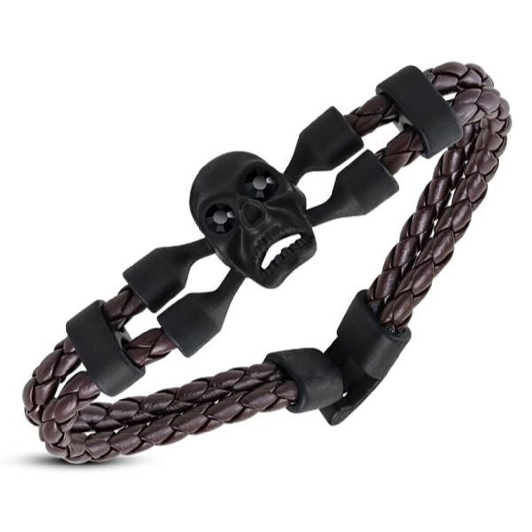 Back in Black' Brown Leather Bracelet W/black CZ Eyes