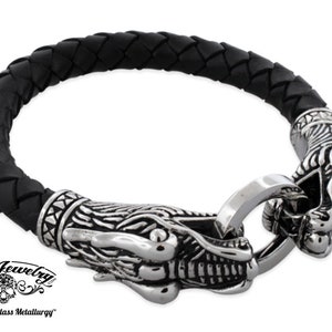 Double Dragon Leather & Stainless Steel Bracelet - 8-1/2 inches (#899)