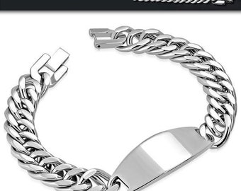 May include: Silver chain bracelet with a rectangular tag. The chain is thick and has a curb link design.