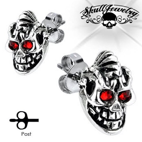 Pair of Stainless Steel Red CZ Gem Eyes Skull Earrings Studs Pair of Stainless Steel Red CZ Gem Eyes Skull Earrings Studs