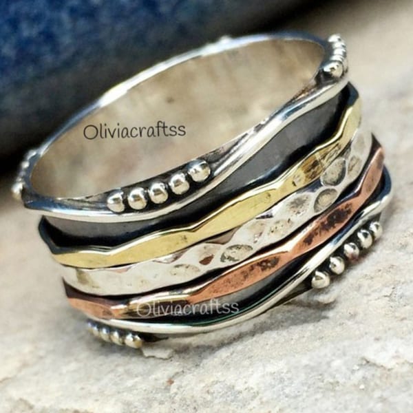 Anillo giratorio de plata de ley 925 para mujeres y niñas, anillo de meditación para aliviar el estrés, anillo antiestrés para el pulgar, anillo giratorio retorcido hecho a mano, regalo para mujeres.