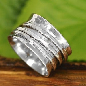 Spinner Ring, 925 Sterling Silver Ring for Woman, Meditation Fidget Ring, Wide Band Tree Tone Ring, Hammered Ring, Worry Ring