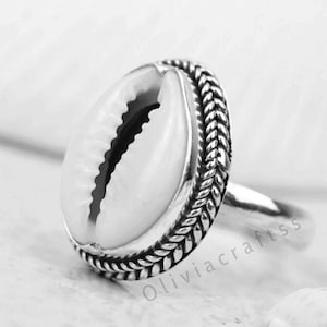 White Cowrie Shell Ring, Cowry Shell Ring, Large, Sterling Silver, Shell Jewelry, White Cowry Shell, Statement Ring, Shell Rings