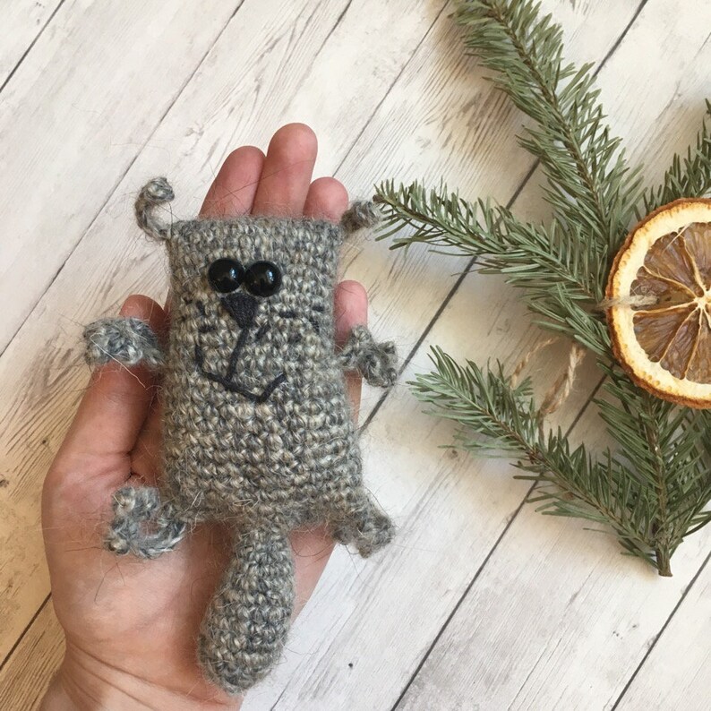 knit stuffed plushie pet doll kawaii cute little kitty Crochet woolen cat toy handmade natural eco animal pocket kitten