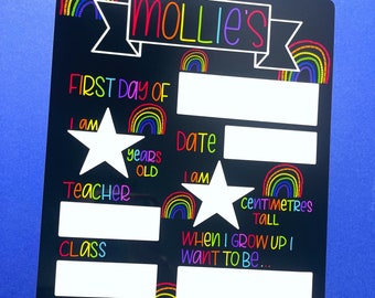 Rainbow first day of school whiteboard sign, School milestone board, reusable, personalised, reception school board