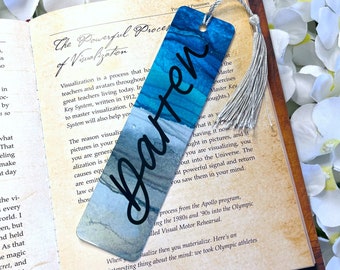 Personalised one of a kind blue and grey beach themed metal bookmark with tassel