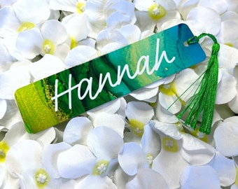 Personalised one of a kind green and blue beach themed metal bookmark with tassel