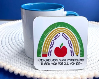 Teacher rainbow end of year present drinks coaster, teaching assistant gift, childminder, nursery key worker thank you