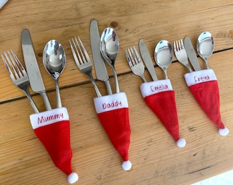 Personalised hand lettered santa hat cutlery holder, table place name holder, festive cutlery holders, xmas table decorations