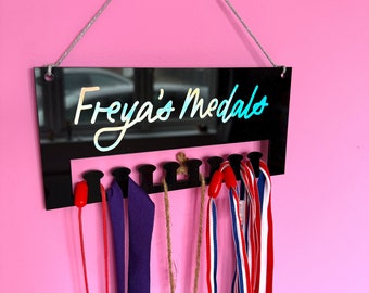 Personalised medal holder, acrylic wall medal hanger, personalised medal display for runners, gymnasts, footballers, cyclists