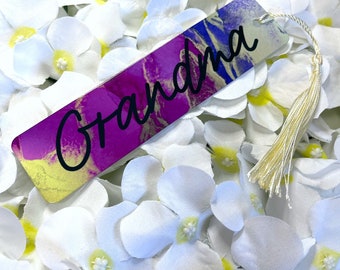 Personalised one of a kind pink, purple and gold metal bookmark with tassel