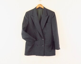 Vintage Double Breasted Blazer Jacket, Black Grey, 80s Era,  Women’s Size 6: A classy menswear inspired jacket with a 36” waist