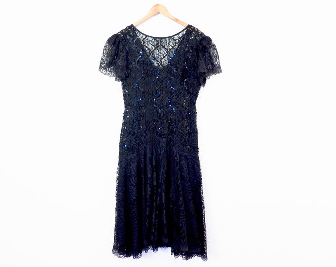 80s Era Vintage Dropwaist Black Lace and Sequined Dress in - Etsy