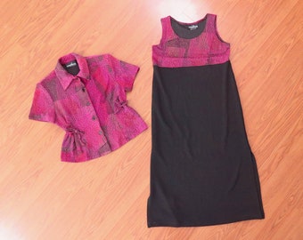 Vintage Dress and Top Set, Pink and Black, 80s Era, Estimated Medium: A retro abstract fuschia peplum waist top dress set with a 30" waist