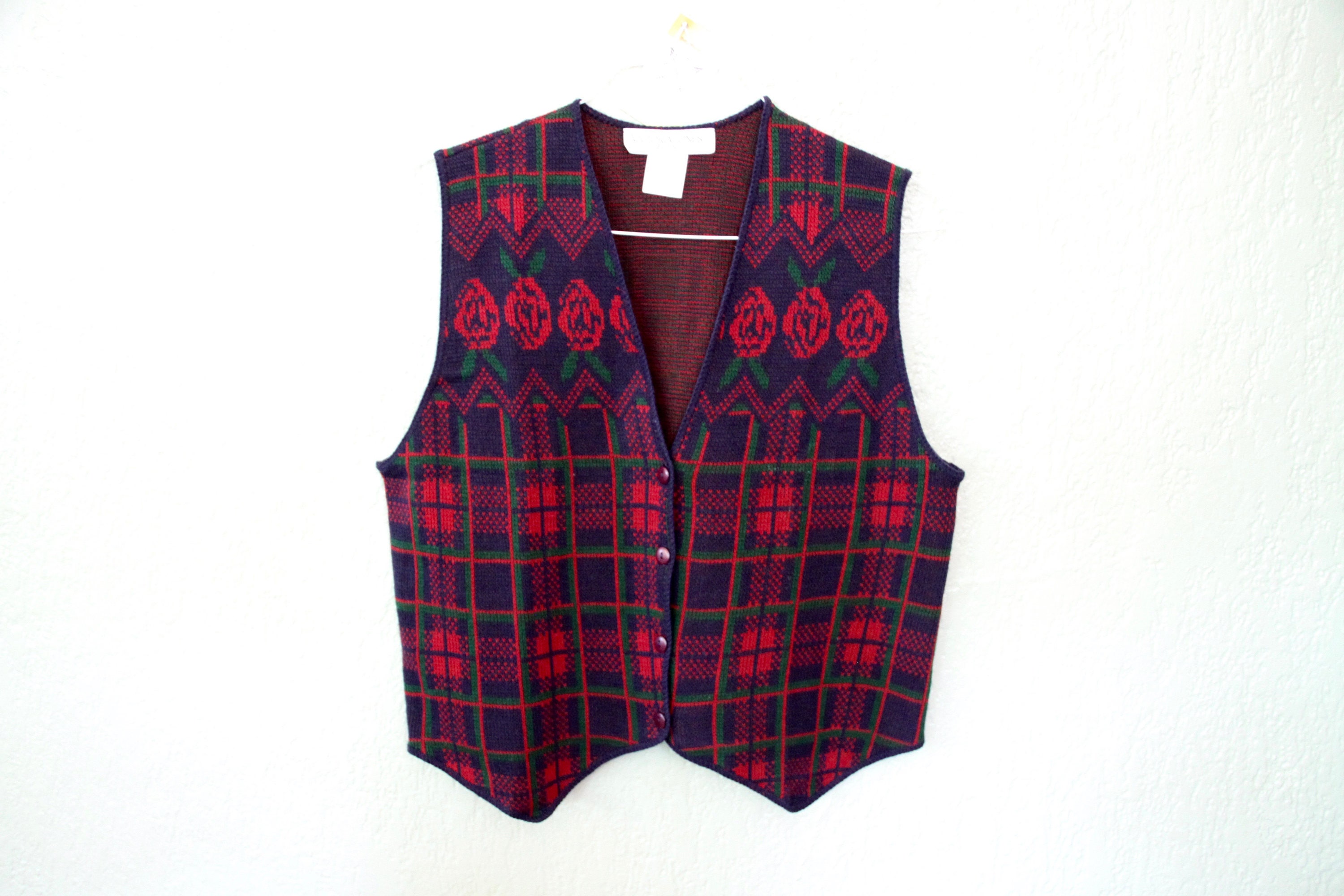 80s Era Vintage Burgundy and Navy Plaid and Roses Knit Vest in - Etsy