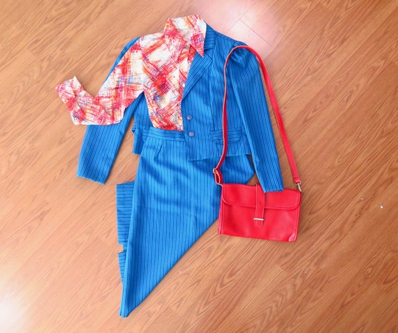 Vintage Skirt Suit, Blue Striped, 80s Era, Size 13