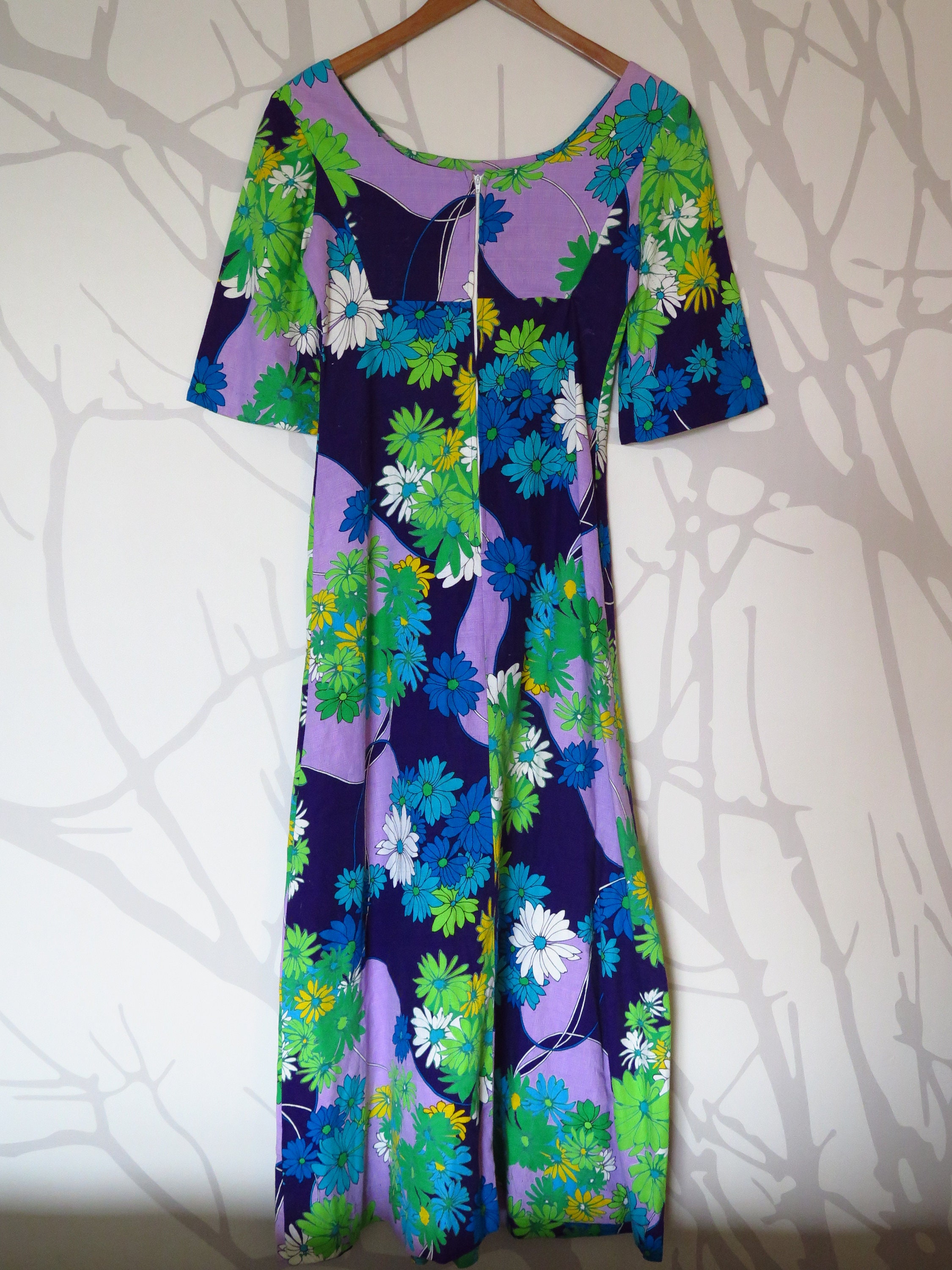 60s Era Hawaiian Hippie Blue and Purple Half Bell Sleeve Dress - Etsy