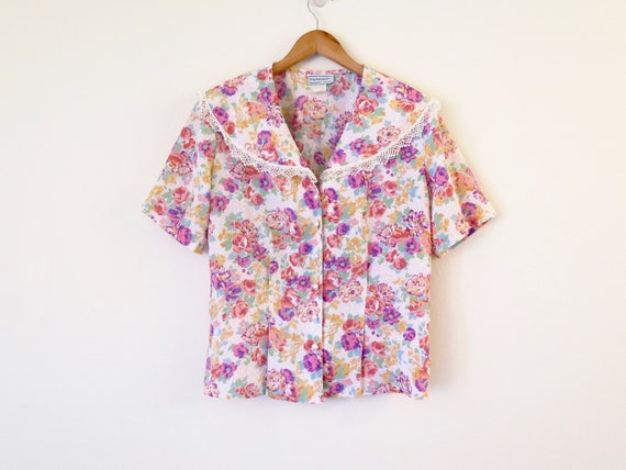 80s Era Vintage Purple Floral Top in Size 10: A c… - image 1