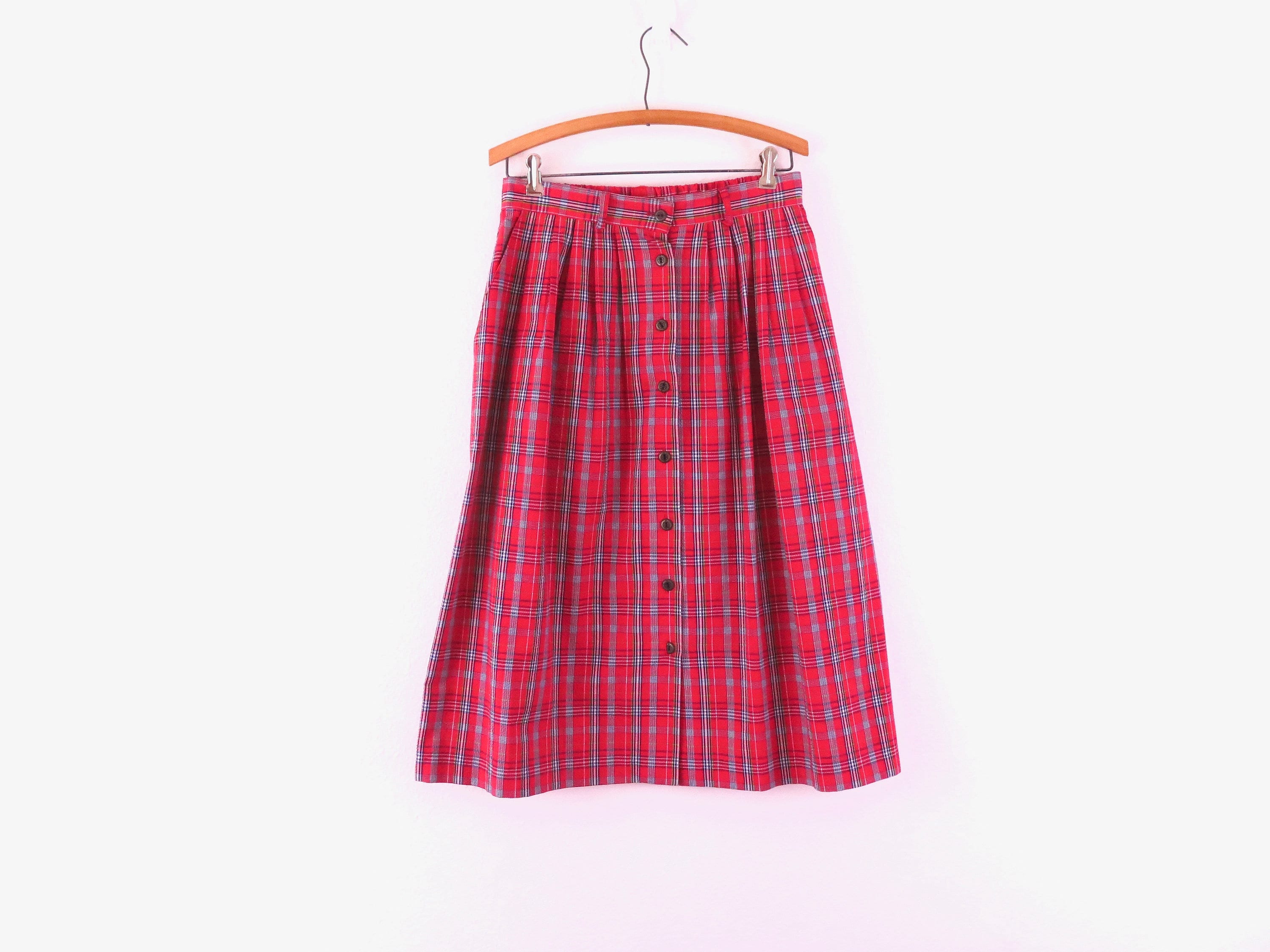 Size 12 The Villager Vintage Button Up Red Gingham Midi Skirt with Pockets