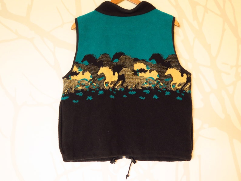 90s Era Vintage Wild Horses Teal Fleece Vest in Women/'s Size Medium with a 44 inch waist