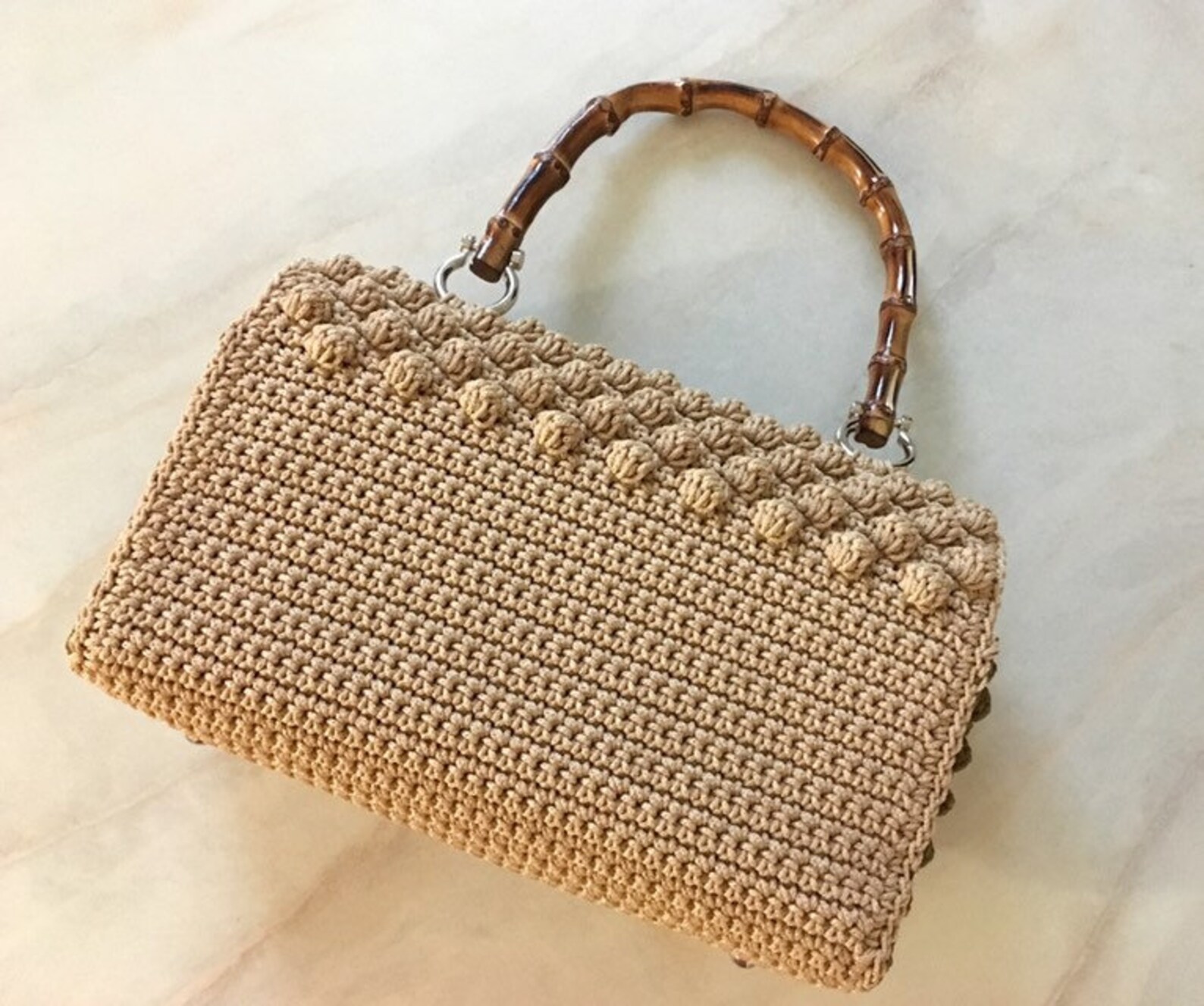 Crochet Women's Bag With Bamboo Handle Handmade Handbag Etsy