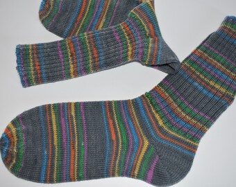 41 -42 Gestrickte Socken Wollsocken Stricksocken Socks Strümpfe Geschenk grau trifft orange, gelb, grün