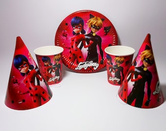 Miraculous Ladybug paper tableware. Ladybug Paper plates, cups, party hats for children's party, birthday or holiday. Lady Bug party.