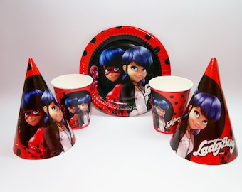 Miraculous Ladybug paper tableware. Ladybug Paper plates, cups, party hats for children's party, birthday or holiday. Lady Bug party.