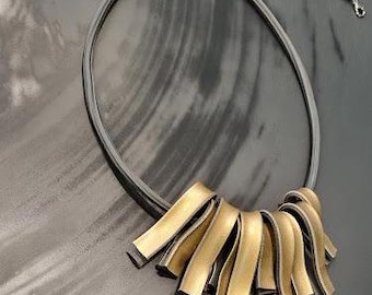 gold & black contemporary necklace, gold statement chunky necklace, black art design necklace, black asymmetric jewelry, avant garde jewelry