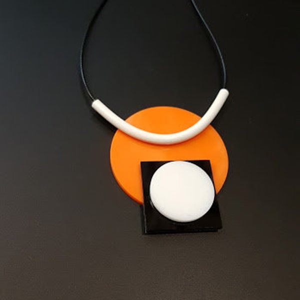 Orange pendant necklace, free shipping, black & white geometric necklace, minimalist necklace, orange pendant necklace,  round pendant