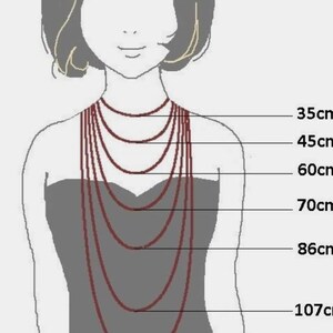 May include: Diagram showing different necklace lengths on a person, with measurements in inches: 14 inches, 18 inches, 24 inches, 28 inches, 34 inches, and 42 inches.