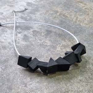 black beaded necklace, black chunky beaded necklace, black contemporary necklace, black architectural necklace, black asymmetric necklace