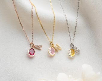 Personalized Birthstone Initial Letter Necklace, A-Z Necklace With Gemstone, Birthday Gift, Bridesmaid Gift, Mothers Day Gift, Gift For Her