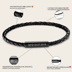 2x partner bracelets with engraving | Personalized magnetic bracelets | Partner bracelet for couples | Leather bracelet with engraving | Gift for couples