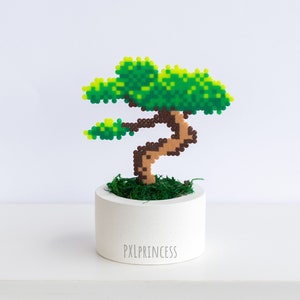 以下が含まれることがあります： 白い鉢に植えられた緑と黄色のピクセルアートの盆栽。鉢の前面には「PXLPRINCESS」の文字が書かれている。