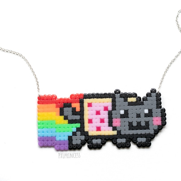 Cute collier pixel art Rainbow Hama Perler perles nyan chat 8 bits pixel