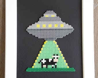 Framed UFO | Alien | Cow | Pixel Art | 8 bit | Wall Art | Hama Beads | Perler Beads | Wall Decor | Home Decor | Independence Day