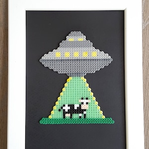 Framed UFO | Alien | Cow | Pixel Art | 8 bit | Wall Art | Hama Beads | Perler Beads | Wall Decor | Home Decor | Independence Day