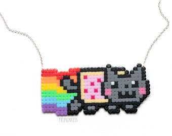 Cute necklace pixel art Rainbow Hama Perler beads nyan cat 8 bit pixel