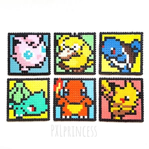 May include: Six pixel art designs of Pokémon characters in vibrant colours, each framed in black. The designs are set against a white background. The text "PXL PRINCESS" is at the bottom. These are likely handmade crafts.
