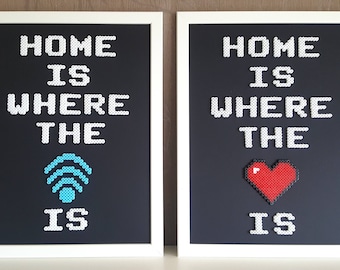 El hogar está donde está el corazón Wi-Fi Decoración del hogar enmarcada Arte de píxeles Cuentas Hama de 8 bits Cuentas Perler Geek Moderno Hogar dulce hogar Decoración de pared de cueva de hombre