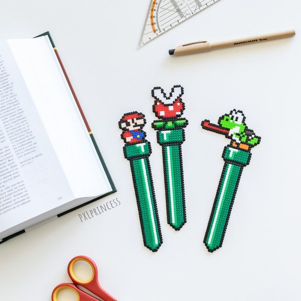 Super Mario Yoshi Bookmark pixel art Piranha Nintendo Hama Perler beads Reading Library decor Mario Piranha 8 bit art