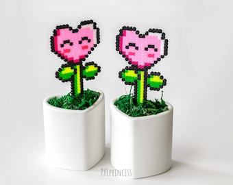 Pixel Plant in heart concrete pot Love flower perler Super Mario hama Nintendo Wedding gift pixel Bridesmaid gift Mario pixel art Piranha