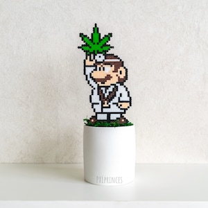 Op de afbeelding: Een witte keramische pot met een groene plant en een pixel art figuur van een dokter die een witte jas draagt en een groene plant vasthoudt. De pot heeft de tekst "PXLPRINCES" op de bodem.