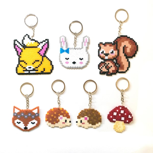 Woodland sleutelhanger, kawaii dier Fox Pixel art Mushroom perler hama Egel konijn