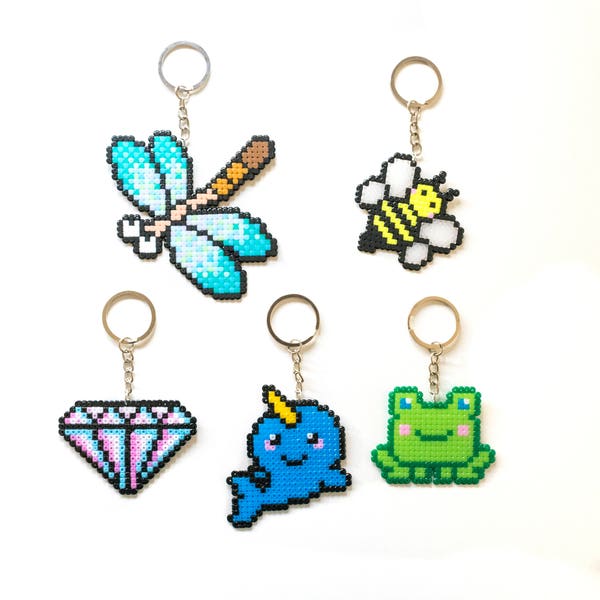 Choisissez votre porte-clés! Joli kawaii narval animal porte-clés chibi libellule porte-clés hama perler perler pixel porte-clés mignon grenouille libellule abeille