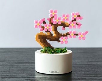 手作りコンクリート鉢に入ったピクセルアートの桜盆栽 - Etsy 日本