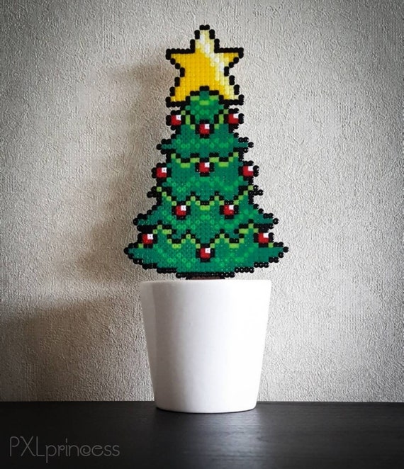 Pixel plant in a pot Nerdy xmas tree Home decor Perler beads Hama beads  Christmas tree Supermario Decor gamer gift Xmas gift for gamer