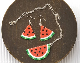 Cute Watermelon SET Fruity sweet earrings necklace | 8 bit pixel art jewelry | Hama beads Perler Beads | Funky jewelry pixel necklace